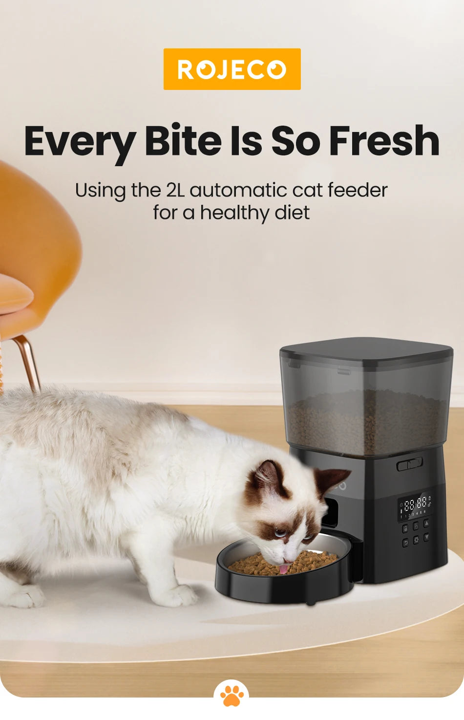 ROJECO Automatic Cat Feeder with Programmable Timer - Smart Dry Food Dispenser for Cats or Small Dogs