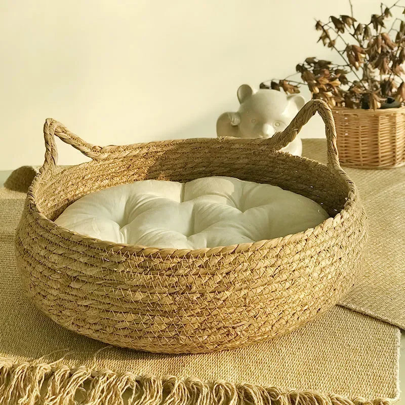 Handwoven Natural Cat Bed - Removable Cushion with Year-Round Comfort & Easy-Wash Design