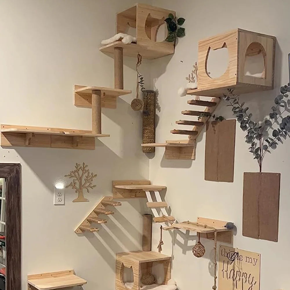 Premium Wooden Cat Wall Furniture Set - Multi-Level Climbing Shelves, Hammocks & Scratching Posts for Indoor Cats