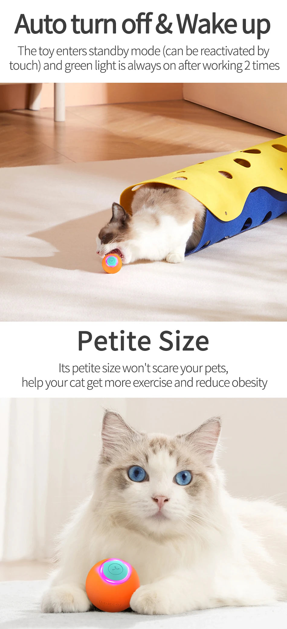 ROJECO Smart Interactive Cat Ball - Self-Rolling Electric Toy with LED Lights for Active Play & Exercise