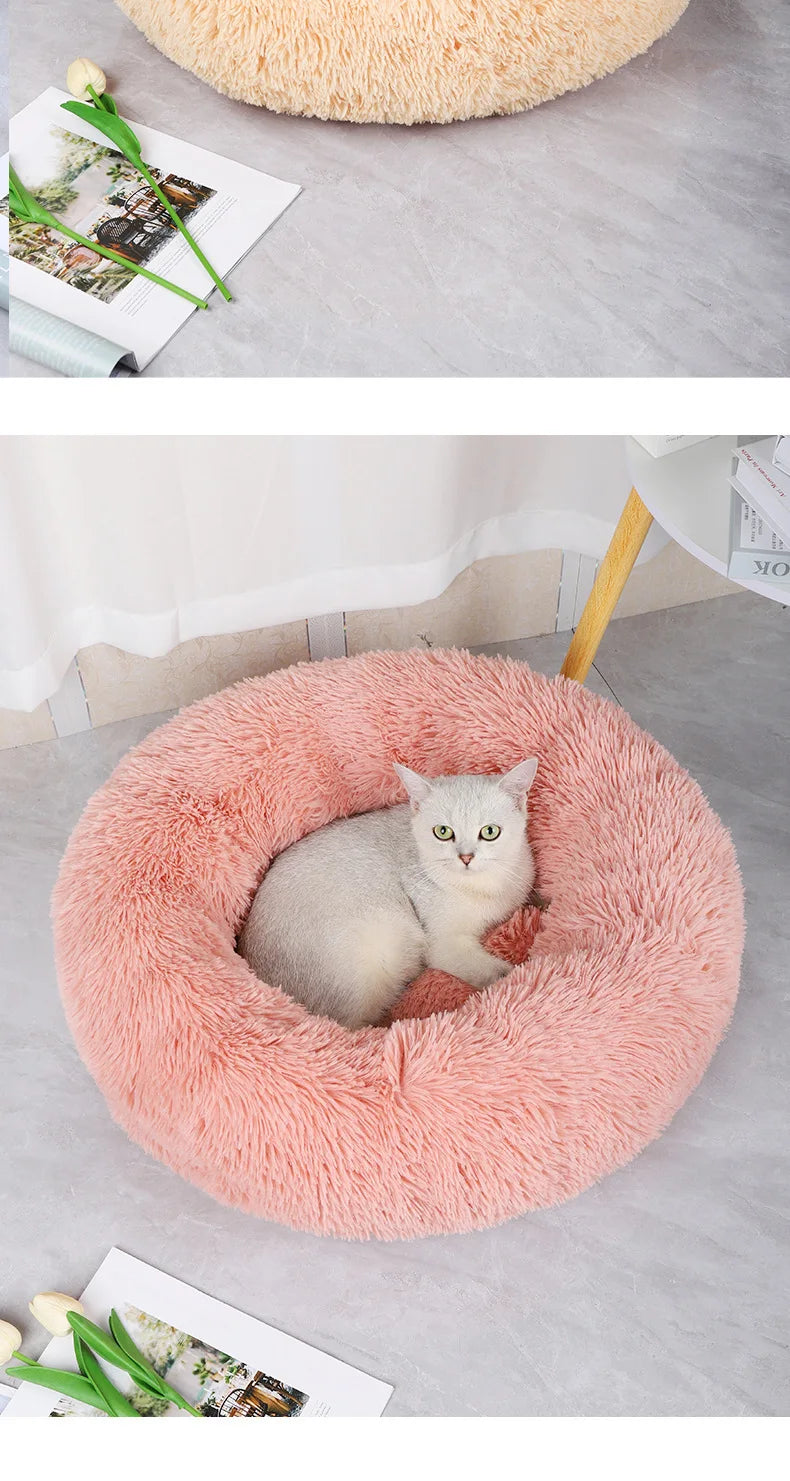 Luxurious Round Plush Cat Bed - Cosy Donut Design with Removable Washable Cover