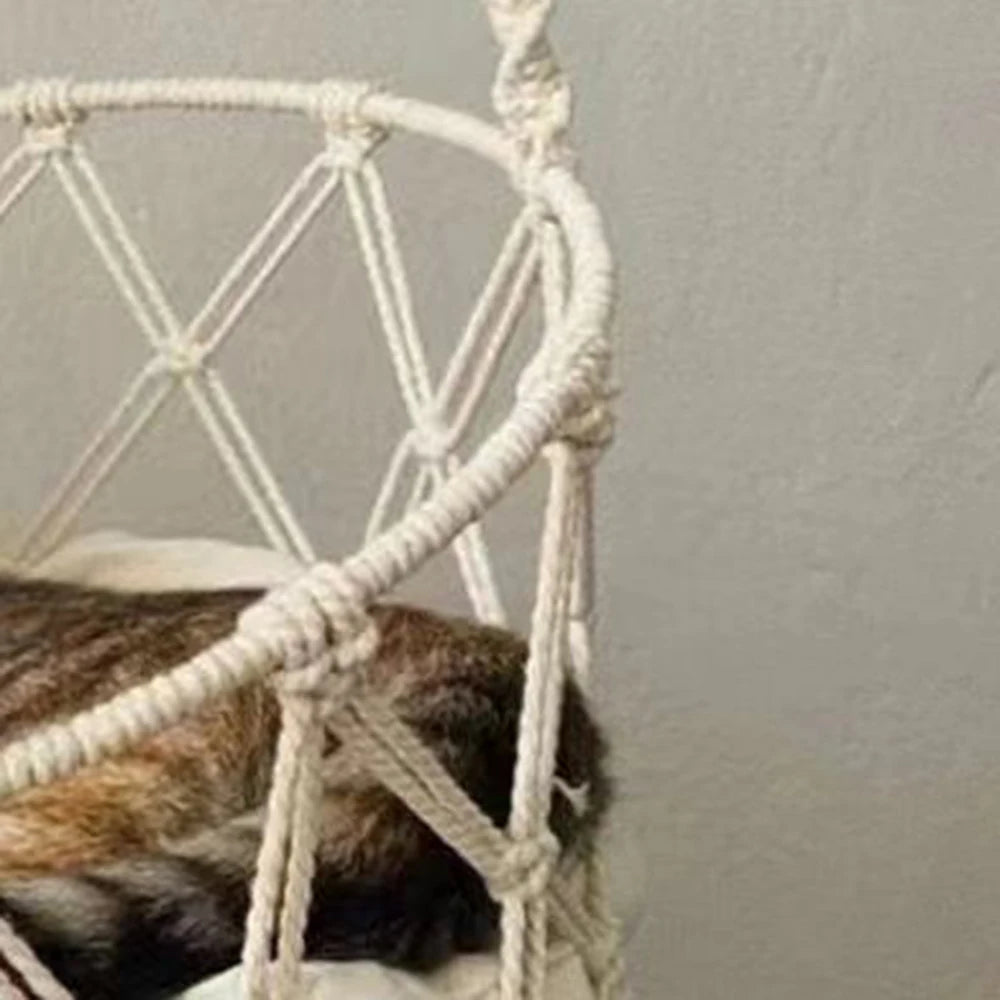 Handwoven Macramé Cat Hammock - Boho Hanging Bed with Cotton Cushion & Decorative Tassels