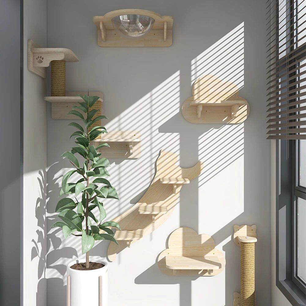 Premium Wooden Cat Wall Furniture Set - Multi-Level Climbing Shelves, Hammocks & Scratching Posts for Indoor Cats