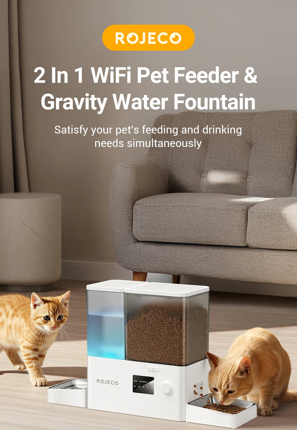 ROJECO 2-in-1 Automatic Cat Feeder & Water Fountain - 5L Food Dispenser & 3.5L Water Bowl with WiFi App Control