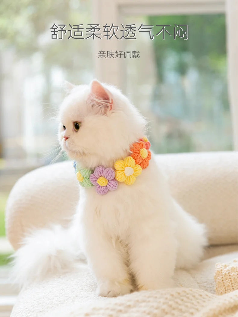Handmade Crochet Cat Collar – Cotton Flower Bib Bandana