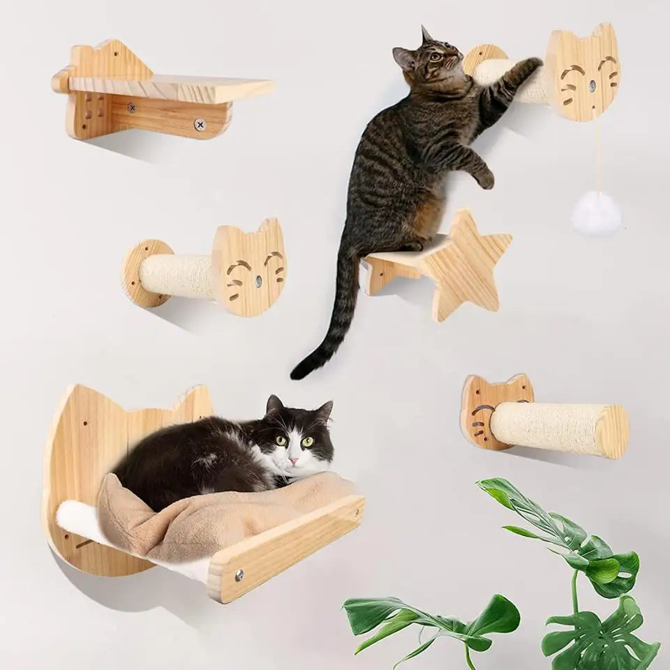 Wooden Cat Wall Climbing System - Modular Shelves & Scratching Posts with Sisal Rope