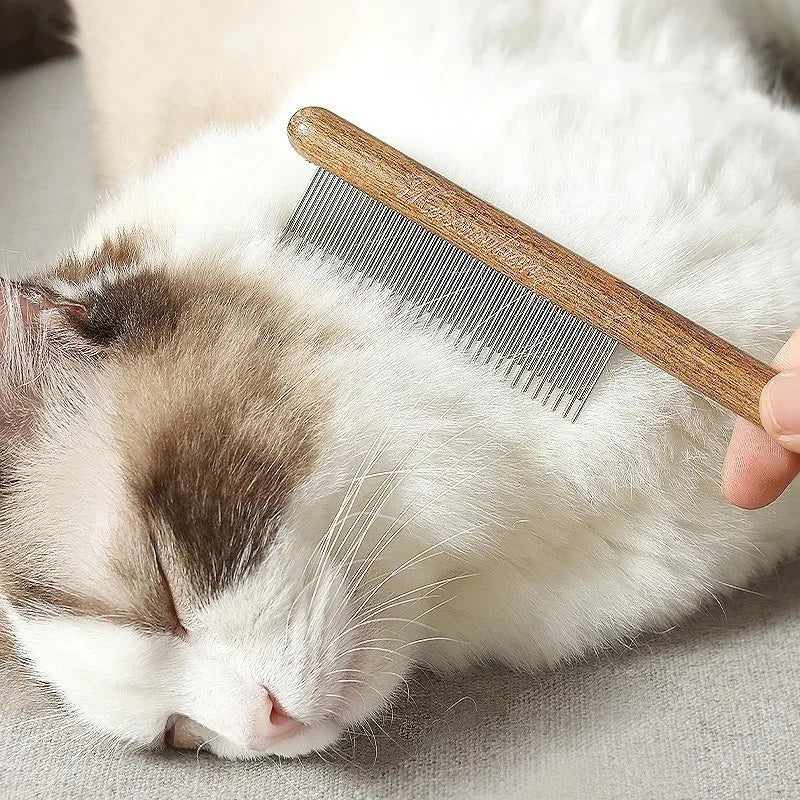 Wooden Handle Cat Grooming Comb - Stainless Steel Pet Hair Remover & Massage Brush