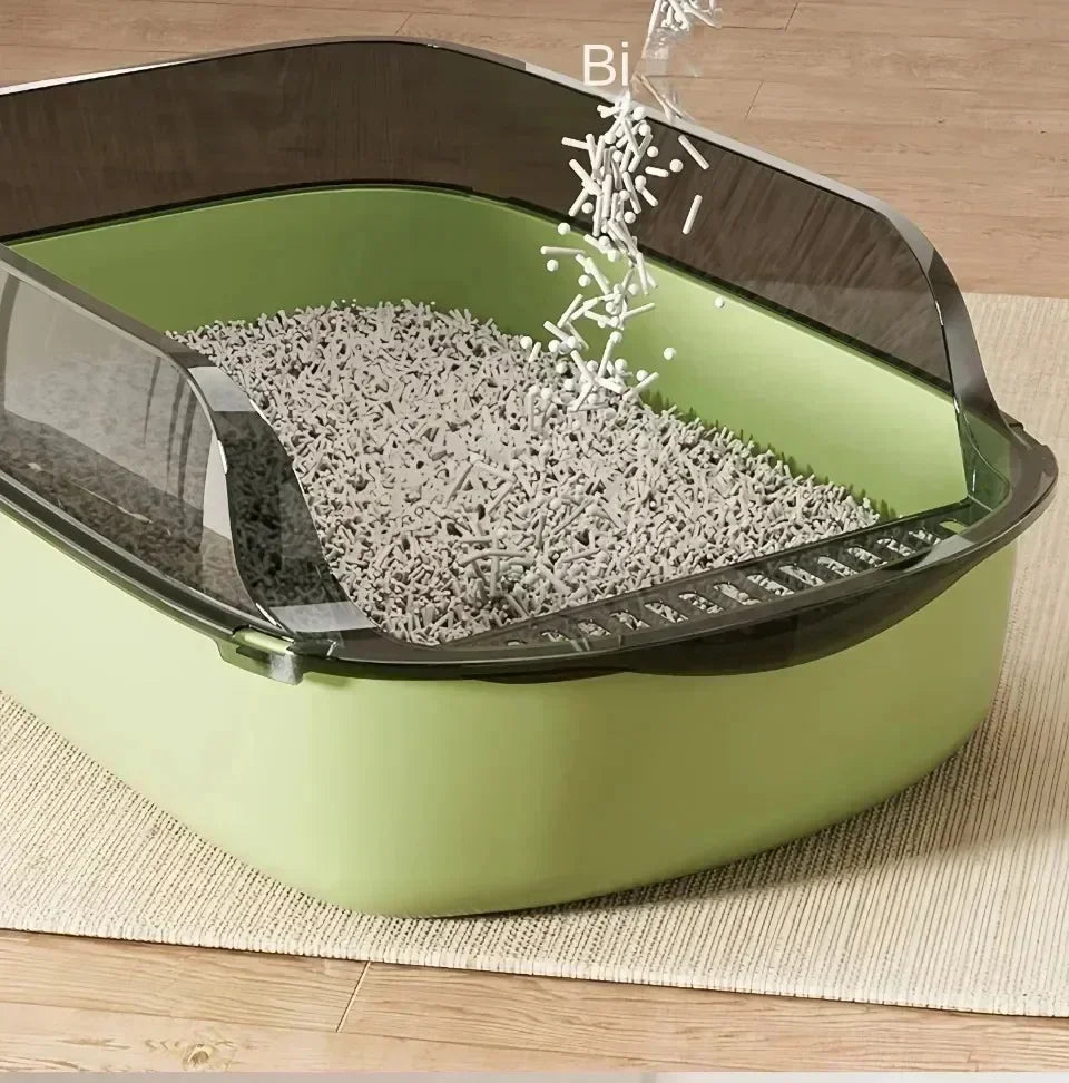Semi-Enclosed Cat Litter Tray with High Splash Guards & Free Scoop - Easy Clean Open Top Design