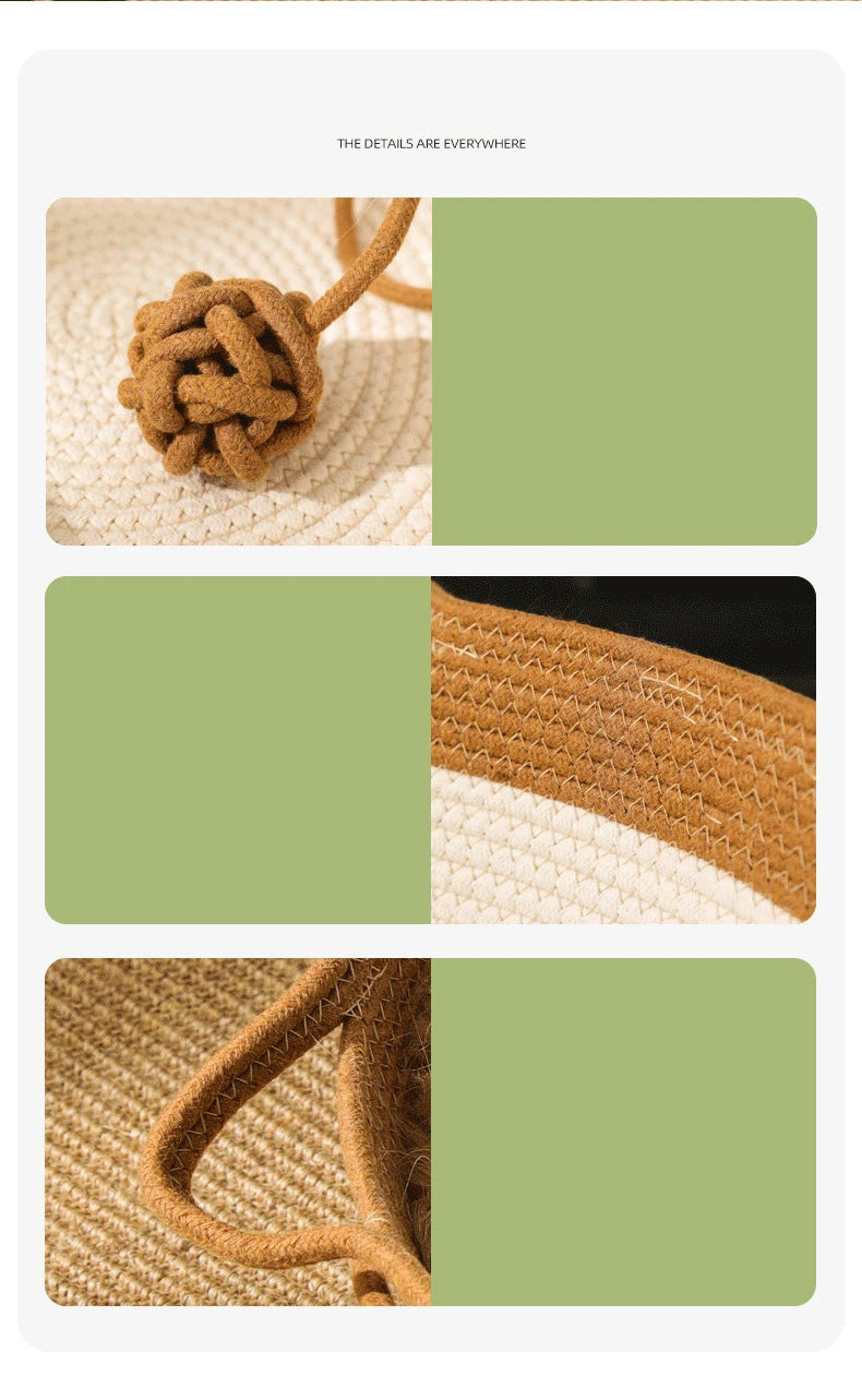 Handwoven Rattan Cat Bed - Natural Eco-Friendly Pet Basket with Removable Washable Cushion & Scratch-Resistant Base