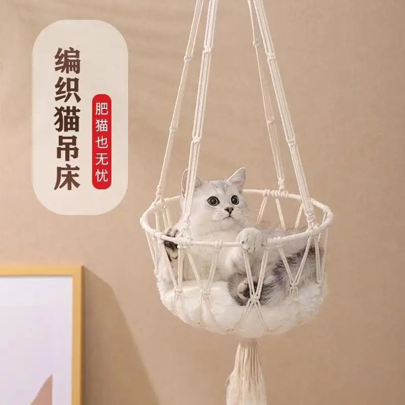 Macramé Cat Hammock - Handwoven Hanging Basket Bed with Wall Mount & Adjustable Height