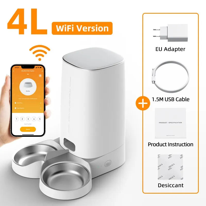 ROJECO 4L Automatic Cat Feeder with WiFi Remote Control - Smart Pet Food Dispenser for Cats