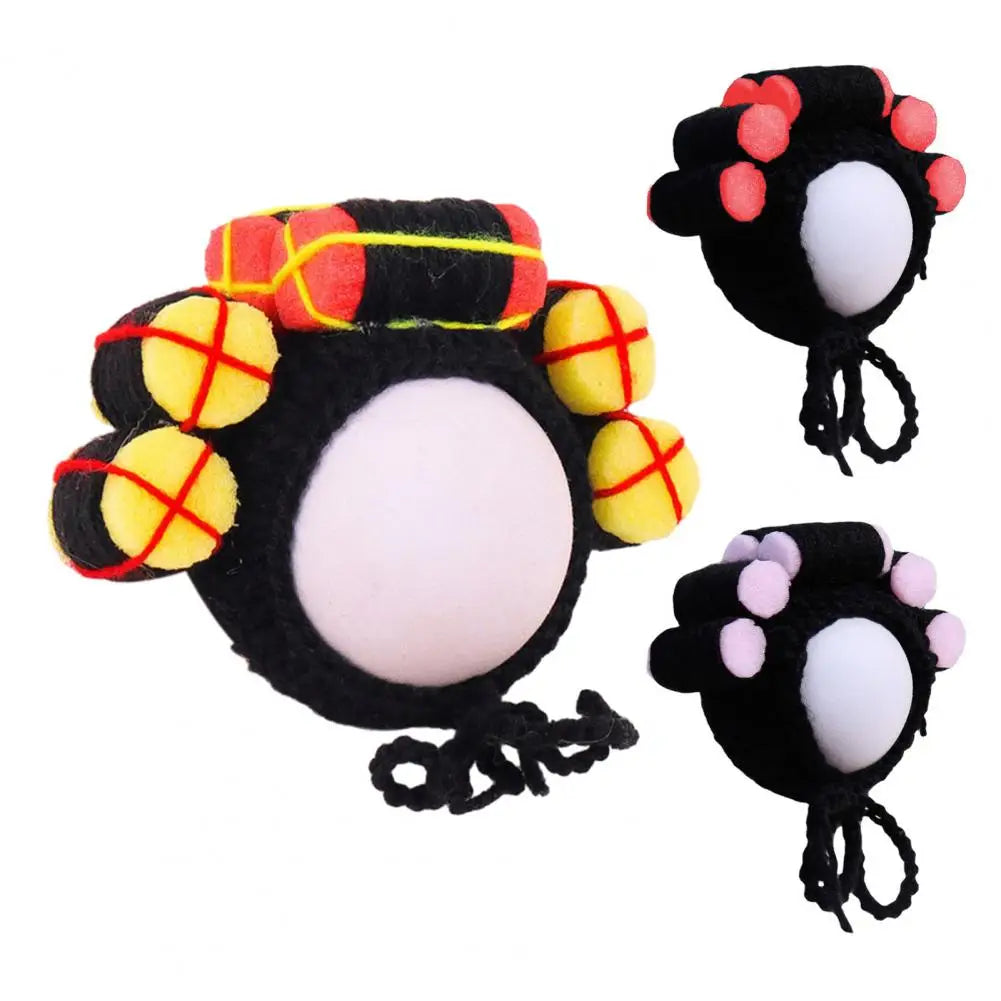 Cat Hat with Hair Rollers - Adjustable Knitted Pet Headdress for Dress-Up and Photography