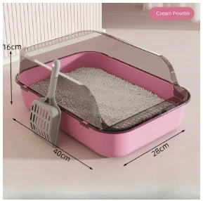 Semi-Enclosed Cat Litter Tray with High Splash Guards & Free Scoop - Easy Clean Open Top Design