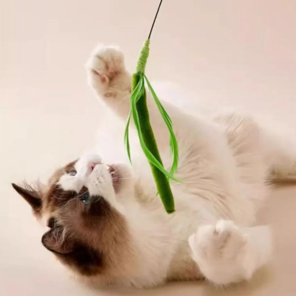 Interactive Feather Wand Cat Toy with Natural Grass Tail