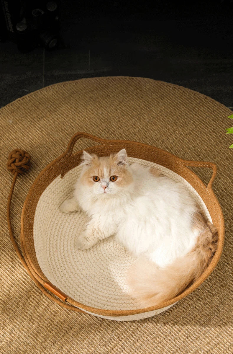 Handwoven Rattan Cat Bed - Natural Eco-Friendly Pet Basket with Removable Washable Cushion & Scratch-Resistant Base