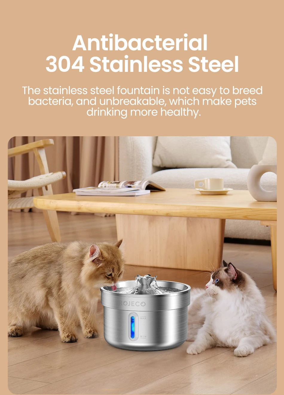 ROJECO Stainless Steel Cat Water Fountain - Automatic Pet Drinking Fountain