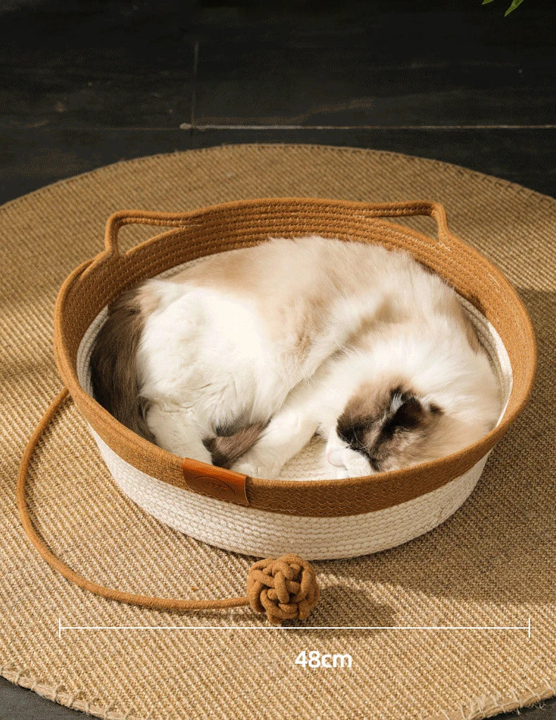 Handwoven Rattan Cat Bed - Natural Eco-Friendly Pet Basket with Removable Washable Cushion & Scratch-Resistant Base