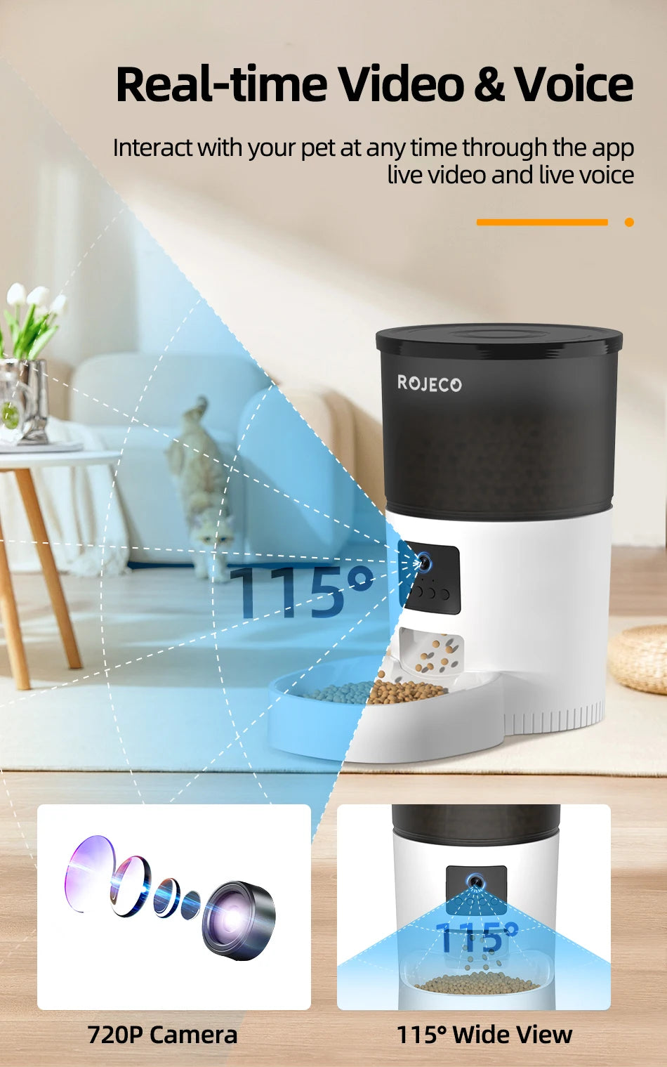 ROJECO Smart Automatic Cat Feeder with Camera – Voice Recording & Remote Control Pet Food Dispenser for Cats and Dogs