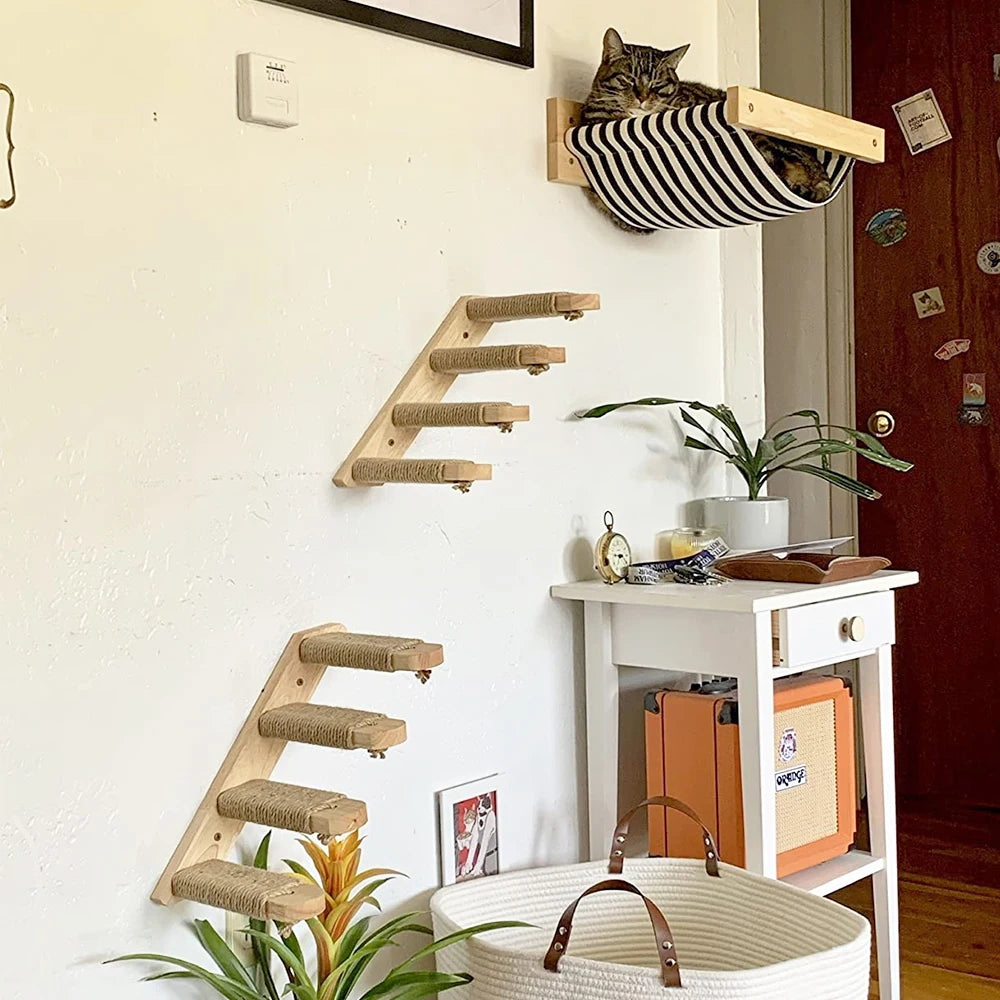 Modular Wall-Mounted Cat Climbing System - Wooden Cat Tree Shelves with Hammocks & Scratching Posts