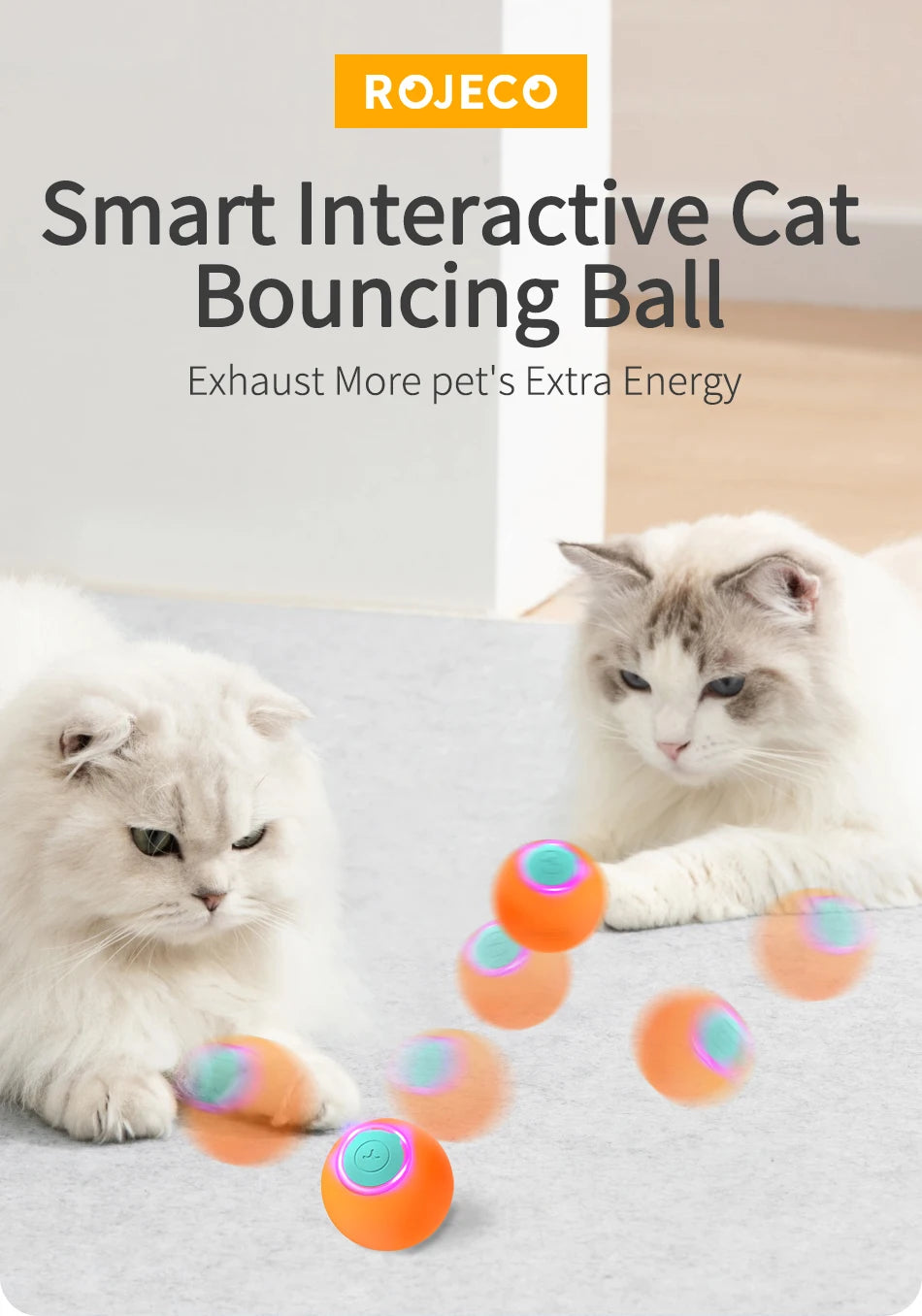 ROJECO Smart Interactive Cat Ball - Self-Rolling Electric Toy with LED Lights for Active Play & Exercise