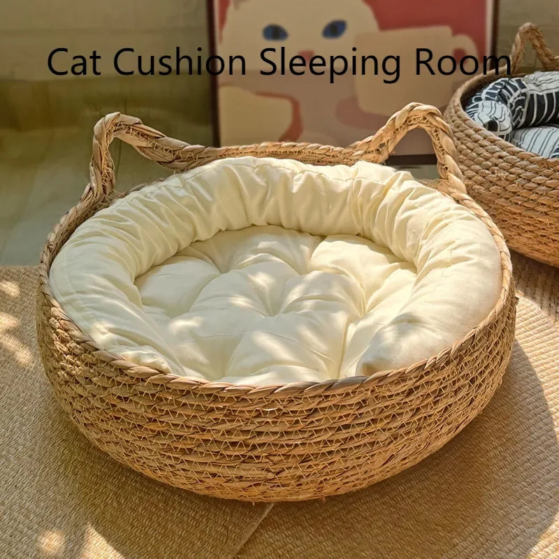 Handwoven Natural Cat Bed - Removable Cushion with Year-Round Comfort & Easy-Wash Design