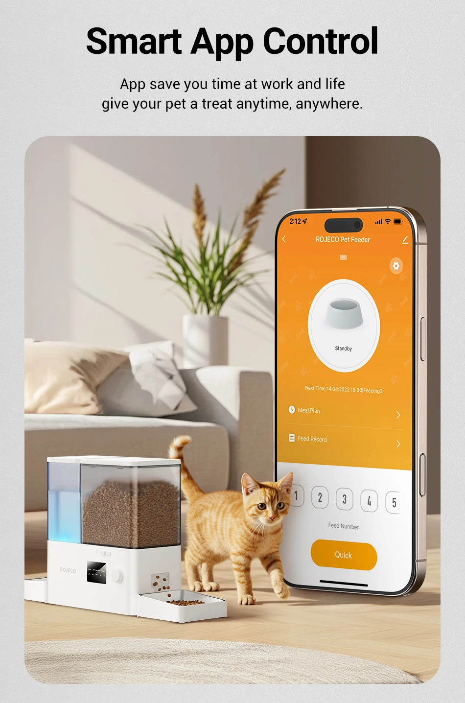 ROJECO 2-in-1 Automatic Cat Feeder & Water Fountain - 5L Food Dispenser & 3.5L Water Bowl with WiFi App Control