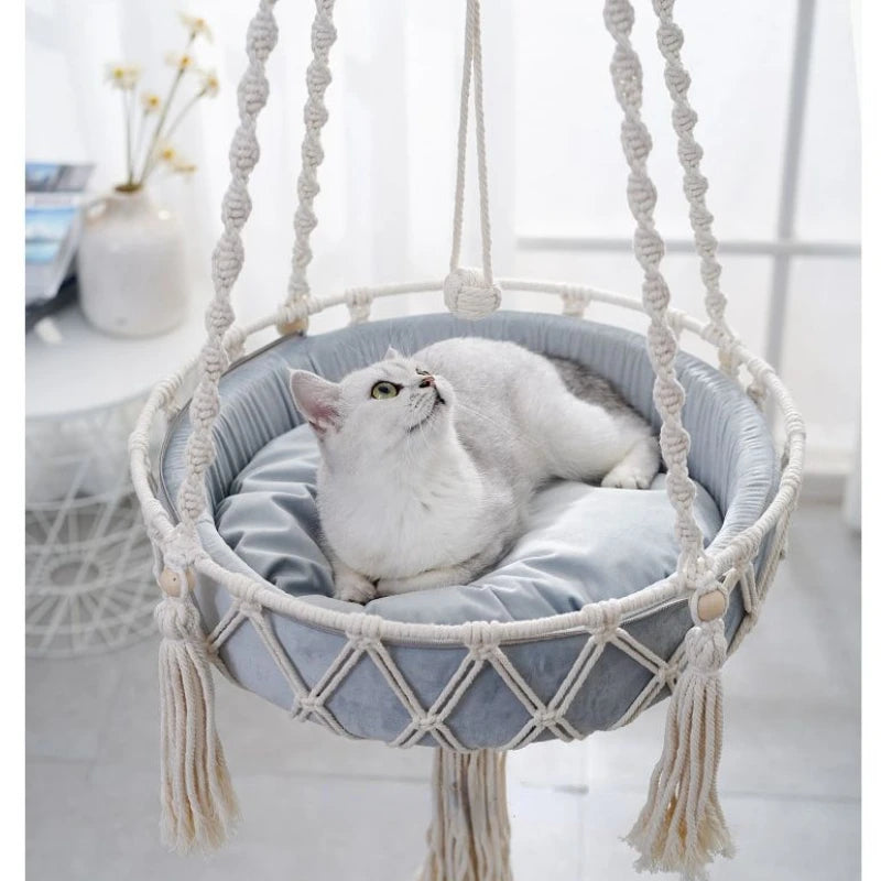 Handwoven Macrame Cat Hammock - Bohemian Cotton Swing Bed for Wall Mounting & Home Décor