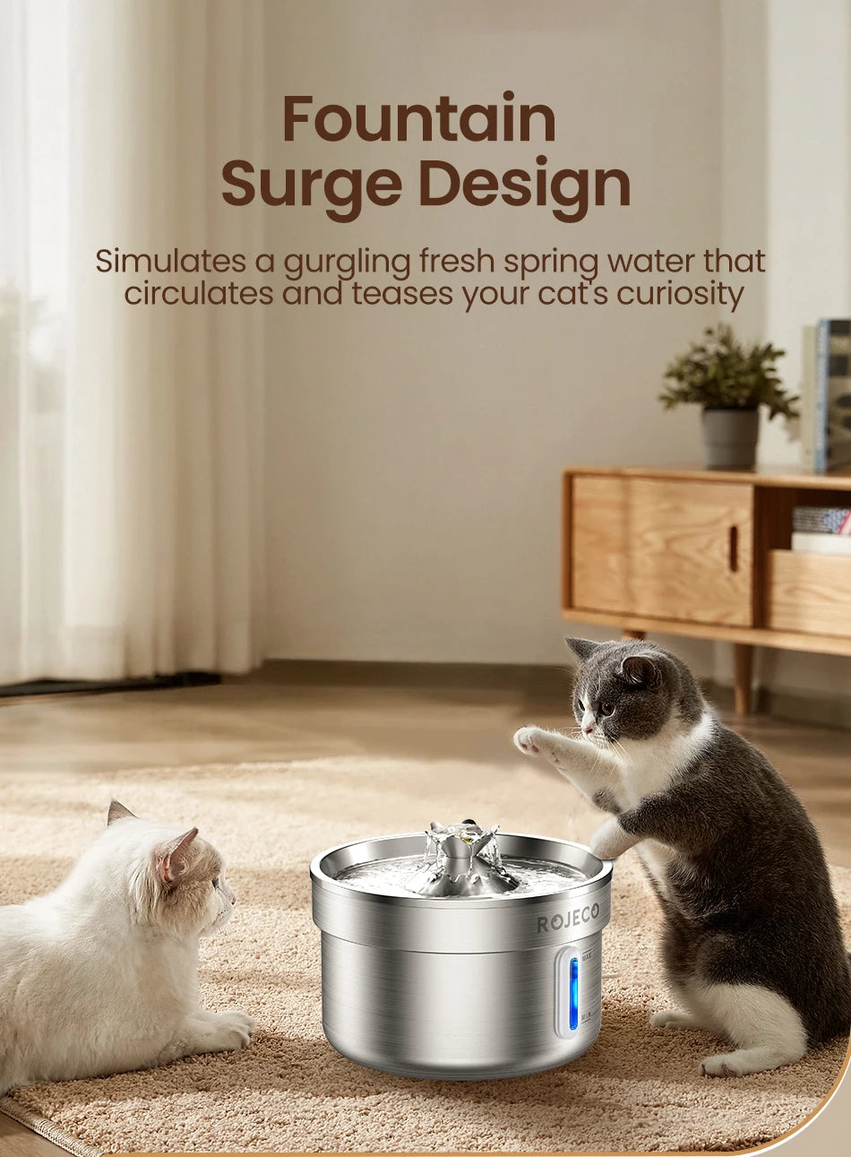 ROJECO Stainless Steel Cat Water Fountain - Automatic Pet Drinking Fountain
