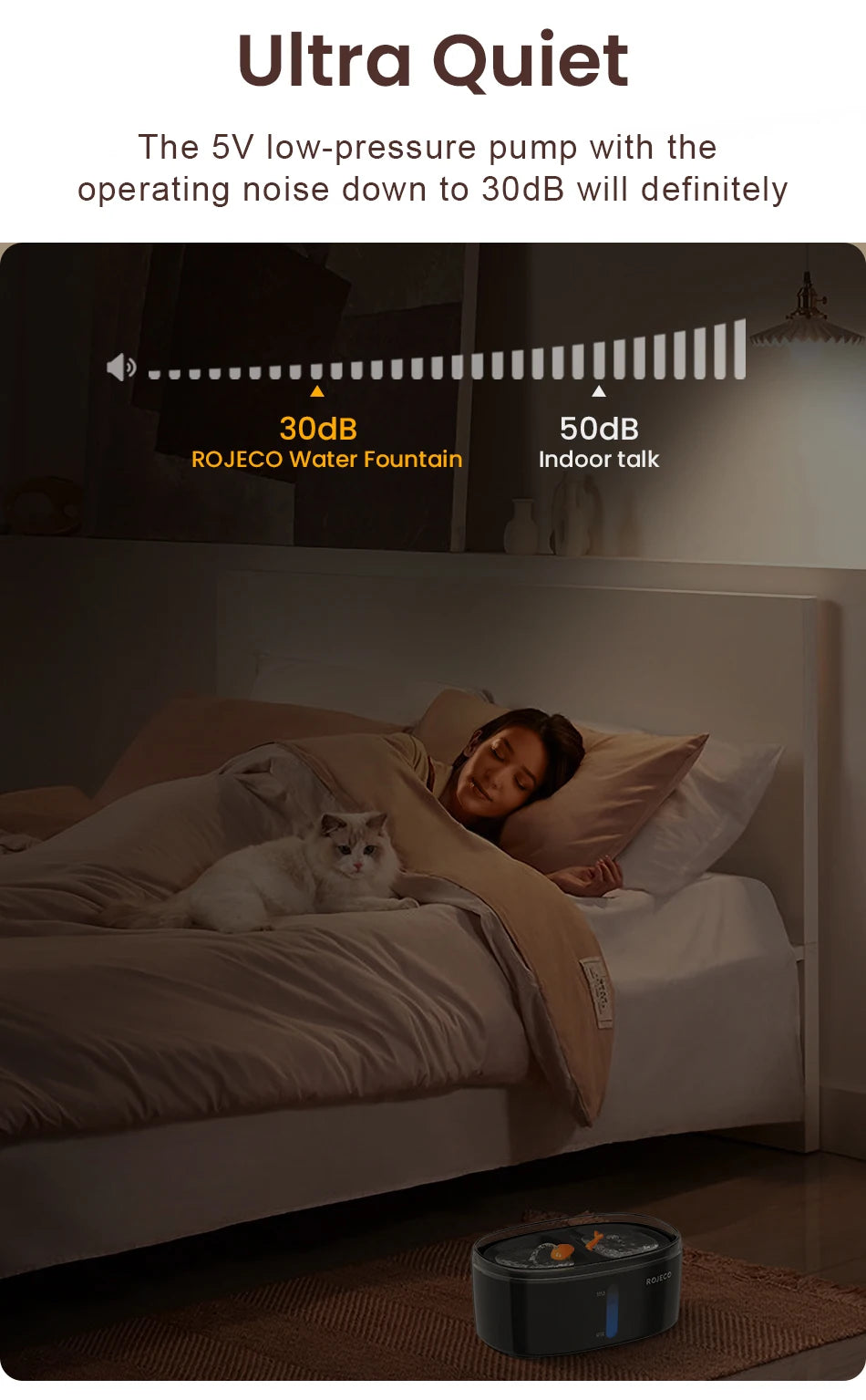 ROJECO 2.5L Automatic Cat Water Fountain - Dual Bowl Wireless Pet Drinking Fountain with Ultra-Quiet Pump for Cats or Small Dogs