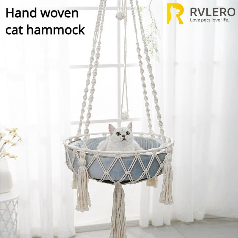 Handwoven Macramé Cat Hammock - Suspended Cotton Rope Basket with Cushion for Indoor Cats