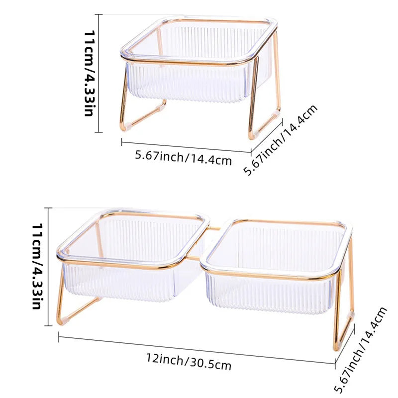 Elevated Double Cat Bowl Set - Transparent Bowls with Golden Stand & Ergonomic Design