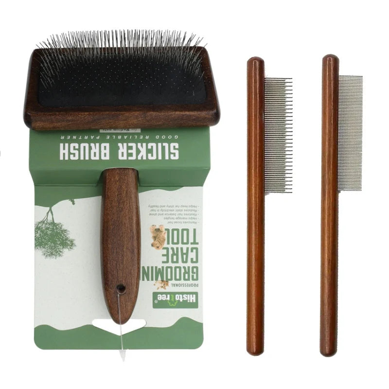 Wooden Handle Cat Grooming Comb - Stainless Steel Pet Hair Remover & Massage Brush