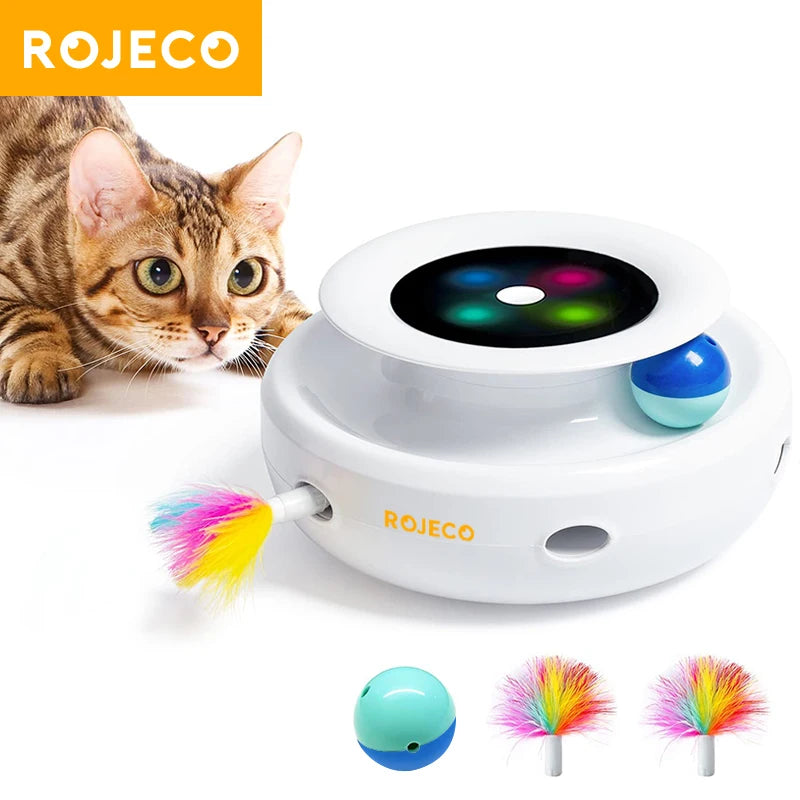ROJECO 2-in-1 Interactive Cat Toy - Automatic Feather Wand & Rolling Ball Set with 5 Play Modes