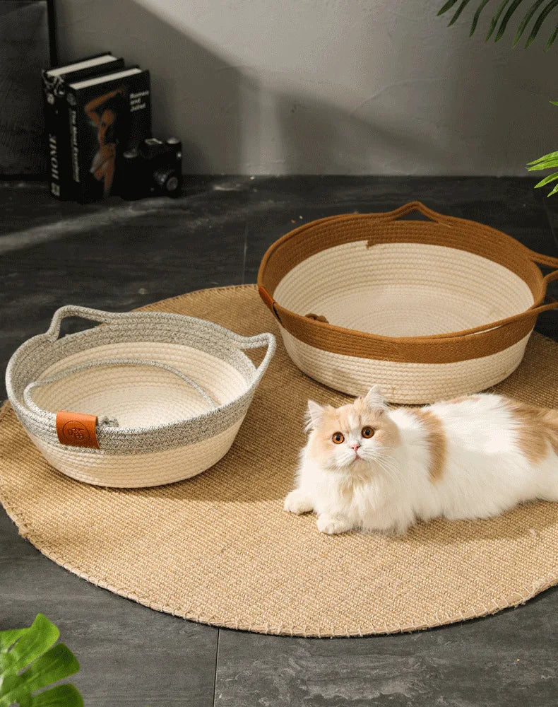 Handwoven Rattan Cat Bed - Natural Eco-Friendly Pet Basket with Removable Washable Cushion & Scratch-Resistant Base