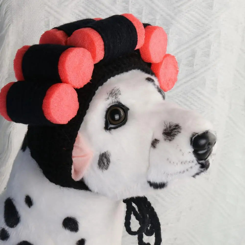 Cat Hat with Hair Rollers - Adjustable Knitted Pet Headdress for Dress-Up and Photography