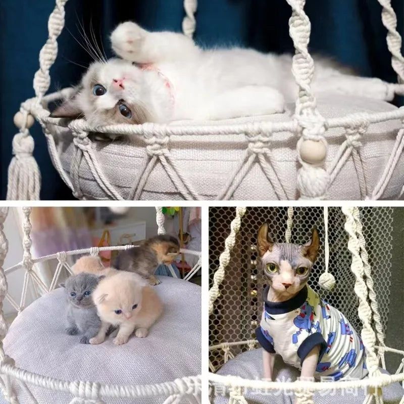 Handwoven Macramé Cat Hammock - Suspended Cotton Rope Basket with Cushion for Indoor Cats
