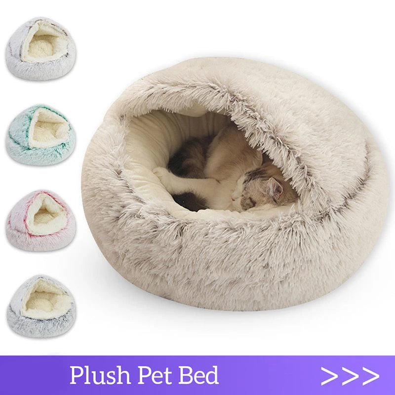 2-in-1 Plush Cave Cat Bed - Convertible Hooded Pet Nest with Removable Cover for Small Cats & Dogs
