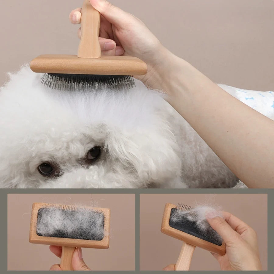 Wooden Handle Cat Grooming Comb - Stainless Steel Pet Hair Remover & Massage Brush