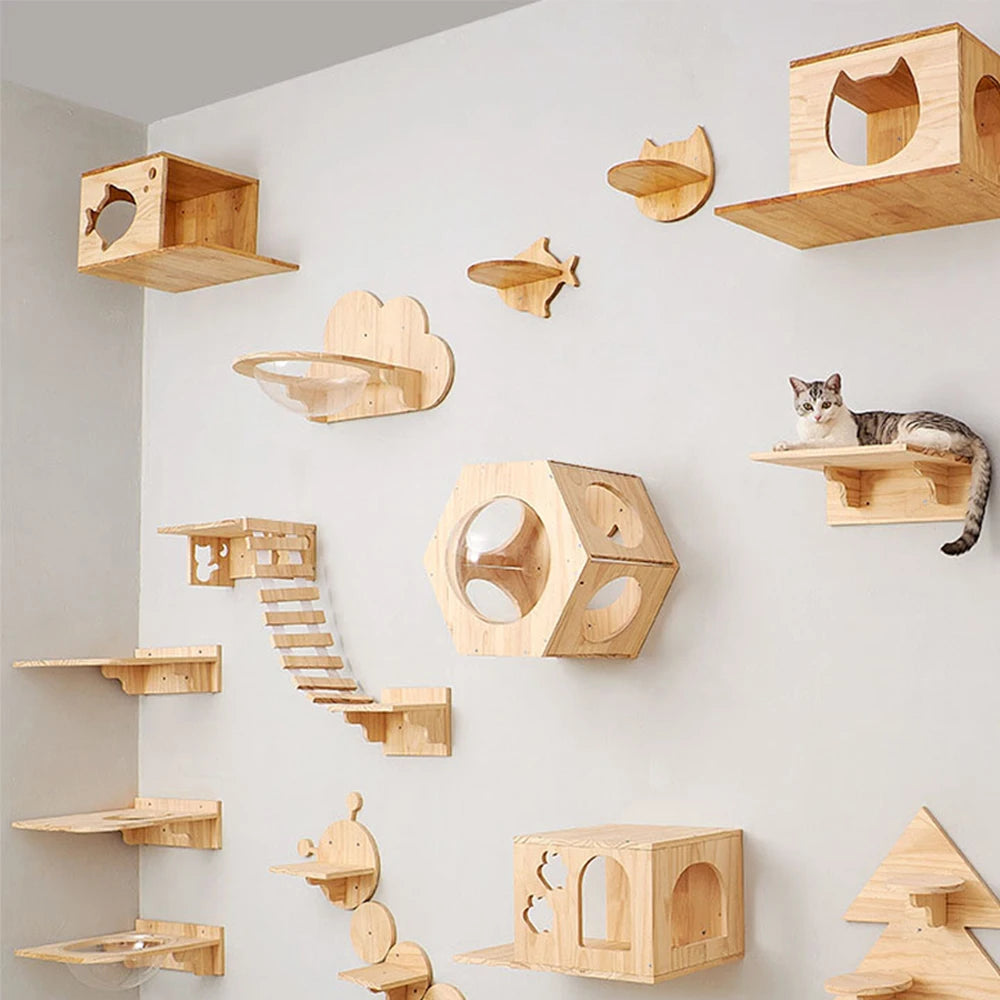 Modular Cat Wall Climbing System - Natural Wood Wall-Mounted Shelves, Steps & Hideaways