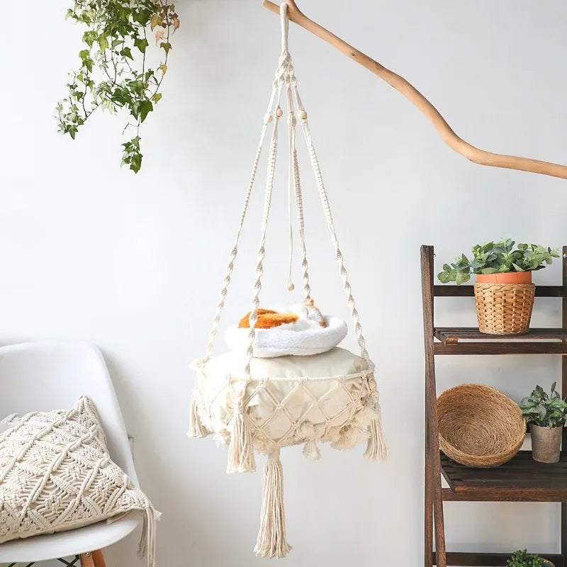 Handwoven Macramé Cat Hammock - Suspended Cotton Rope Basket with Cushion for Indoor Cats
