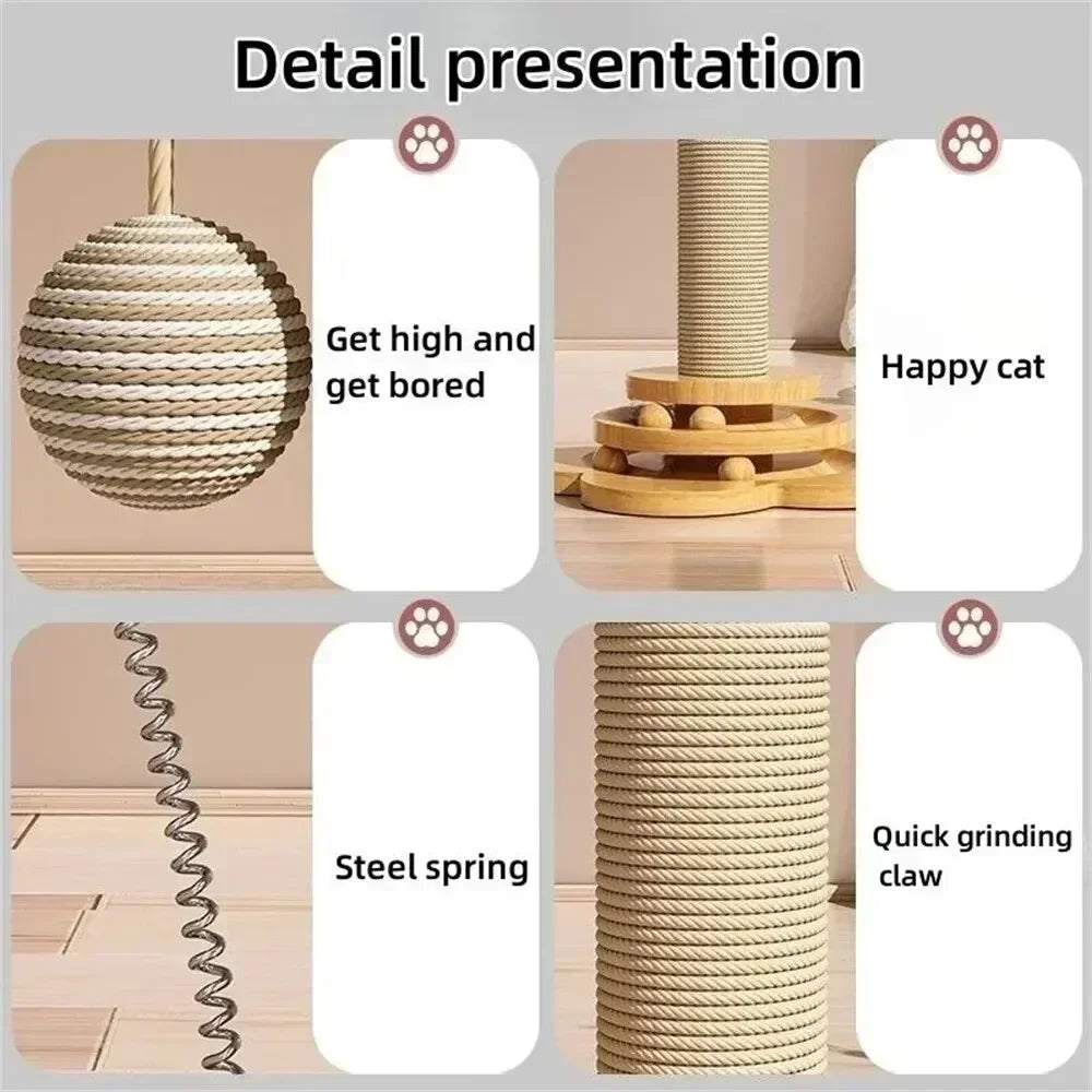 Natural Sisal Cat Scratching Post with Interactive Toy - Multi-Level Wooden Cat Furniture
