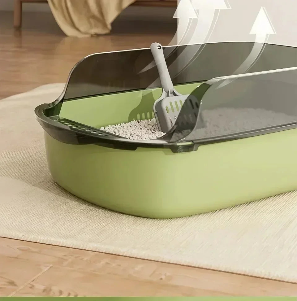Semi-Enclosed Cat Litter Tray with High Splash Guards & Free Scoop - Easy Clean Open Top Design