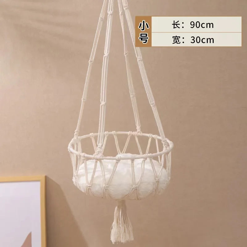 Macramé Cat Hammock - Handwoven Hanging Basket Bed with Wall Mount & Adjustable Height