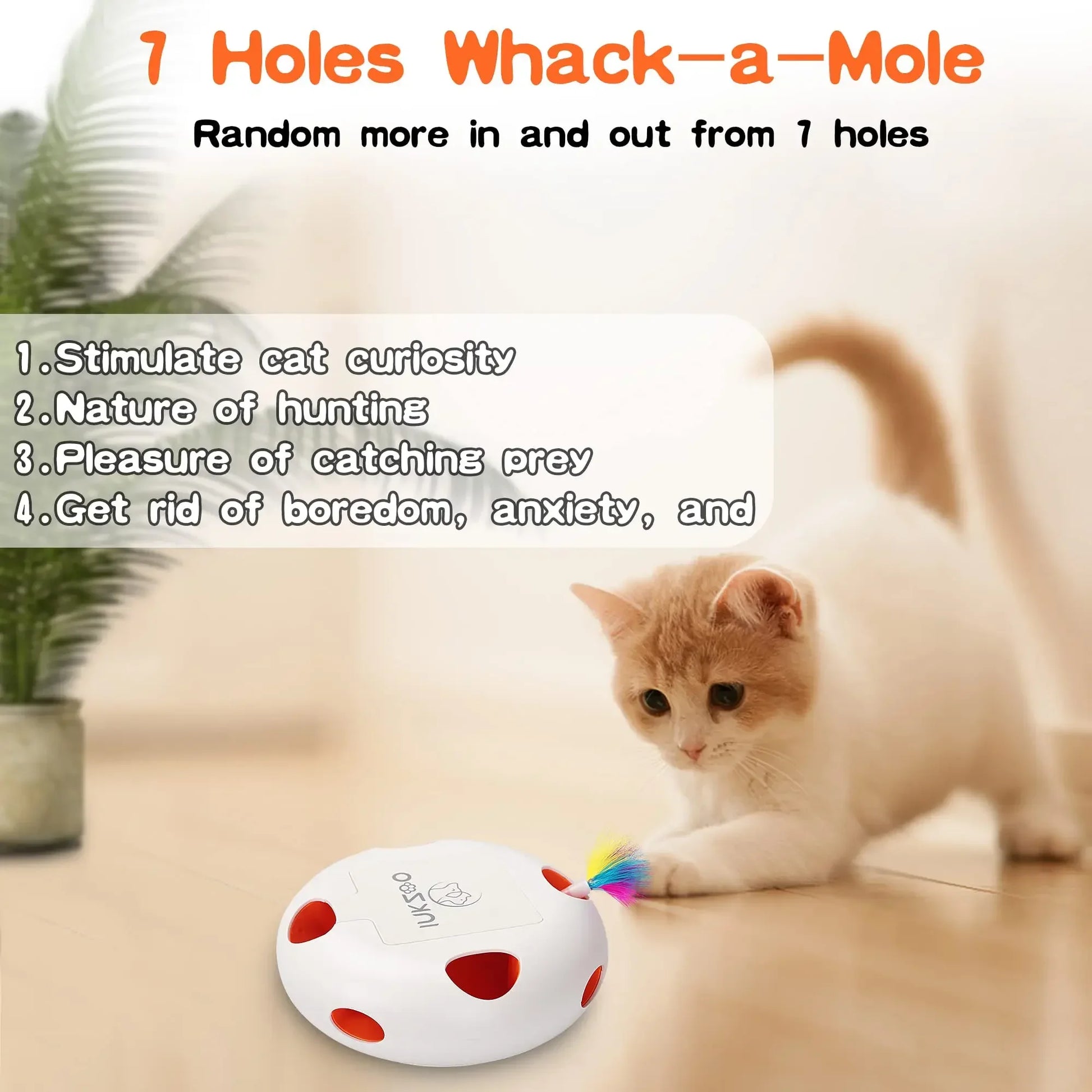 Interactive Whack-A-Mole Cat Toy - 7 Hole Automatic Feather Game with Smart Sensor for Indoor Cats