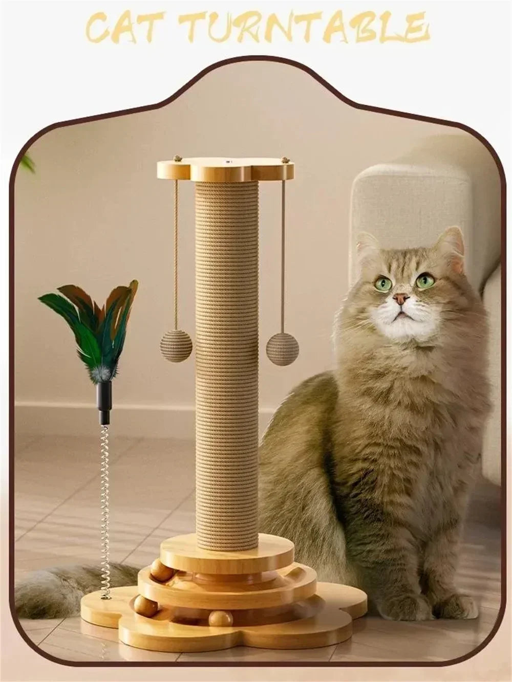 Natural Sisal Cat Scratching Post with Interactive Toy - Multi-Level Wooden Cat Furniture