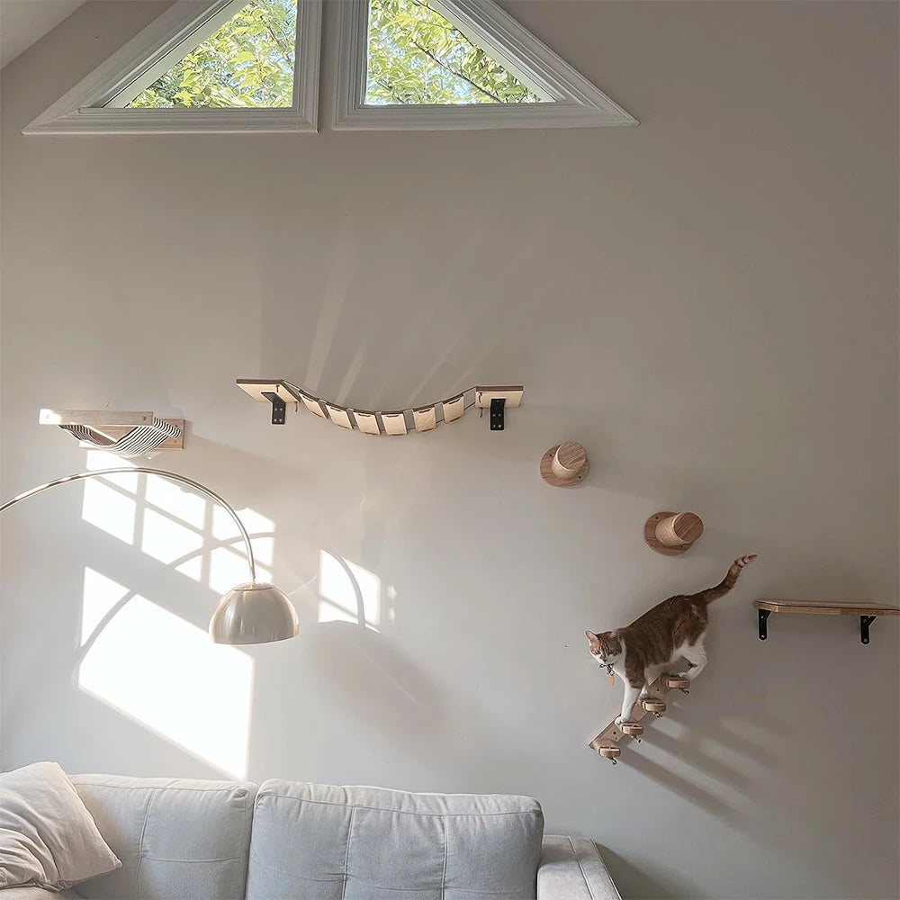 Modular Cat Wall Climbing System - Natural Wood Wall-Mounted Shelves, Steps & Hideaways