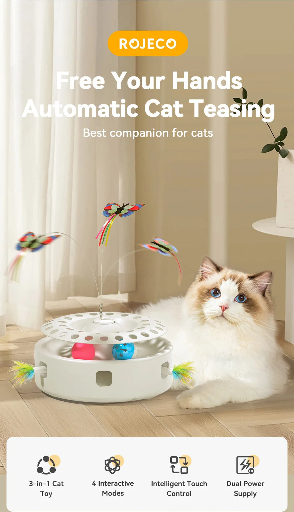 ROJECO 3-in-1 Automatic Interactive Cat Toy - Wireless Feather Teaser with Track Ball and Ambush Play Station for Indoor Cats