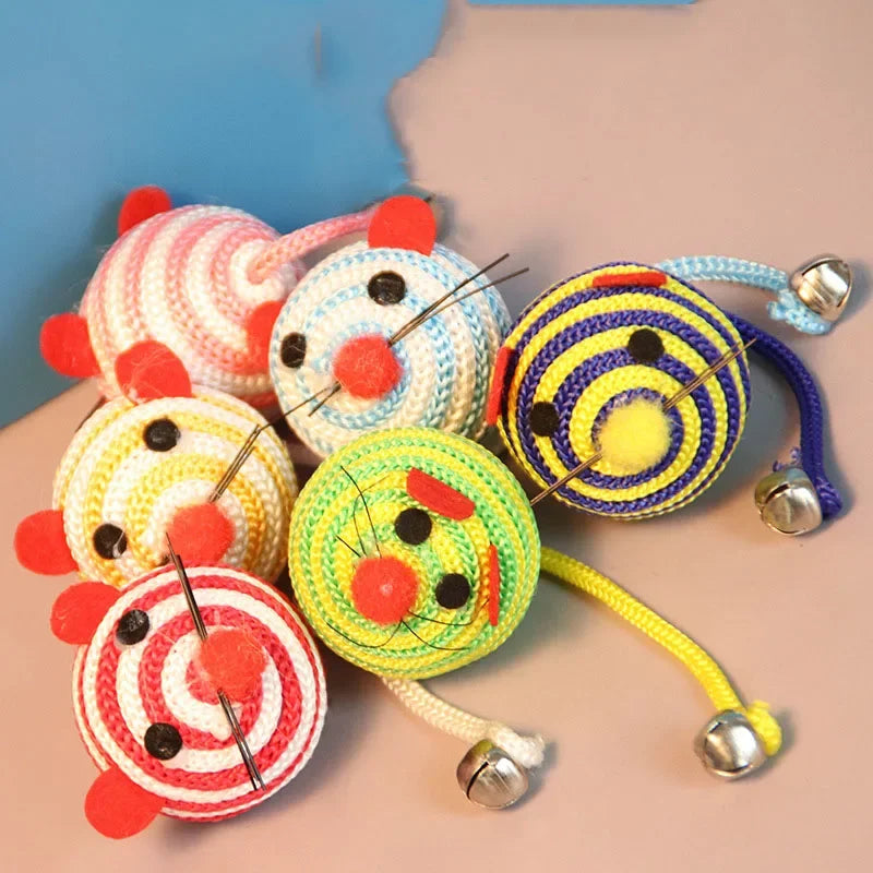 Interactive Cat Toy Mouse with Bell - Striped Nylon Rope Ball