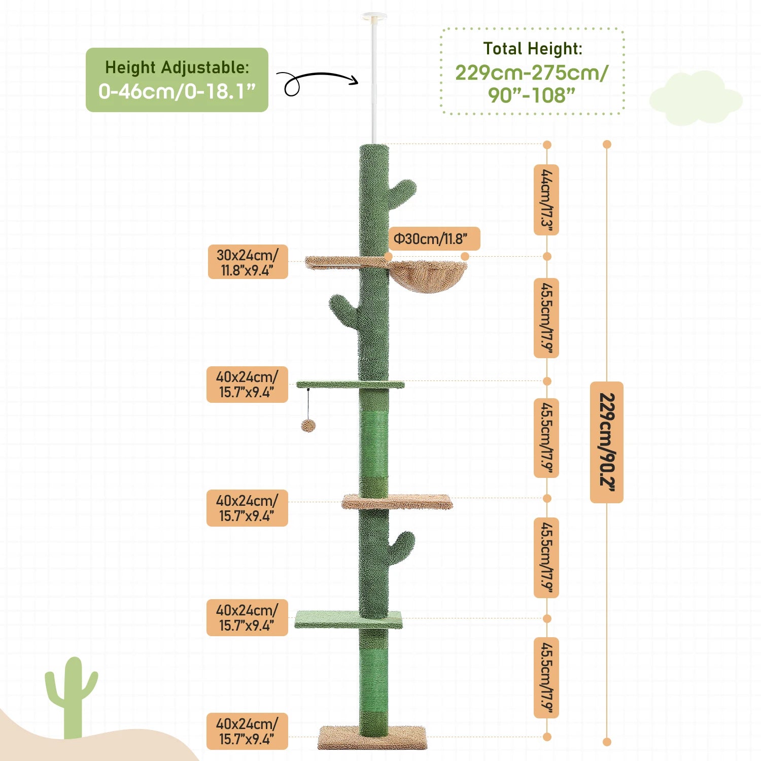 Floor-to-Ceiling Cactus Cat Tree - 5-Tier Climbing Tower with Adjustable Height & Scratching Posts