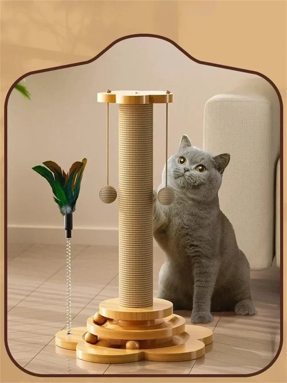 Natural Sisal Cat Scratching Post with Interactive Toy - Multi-Level Wooden Cat Furniture